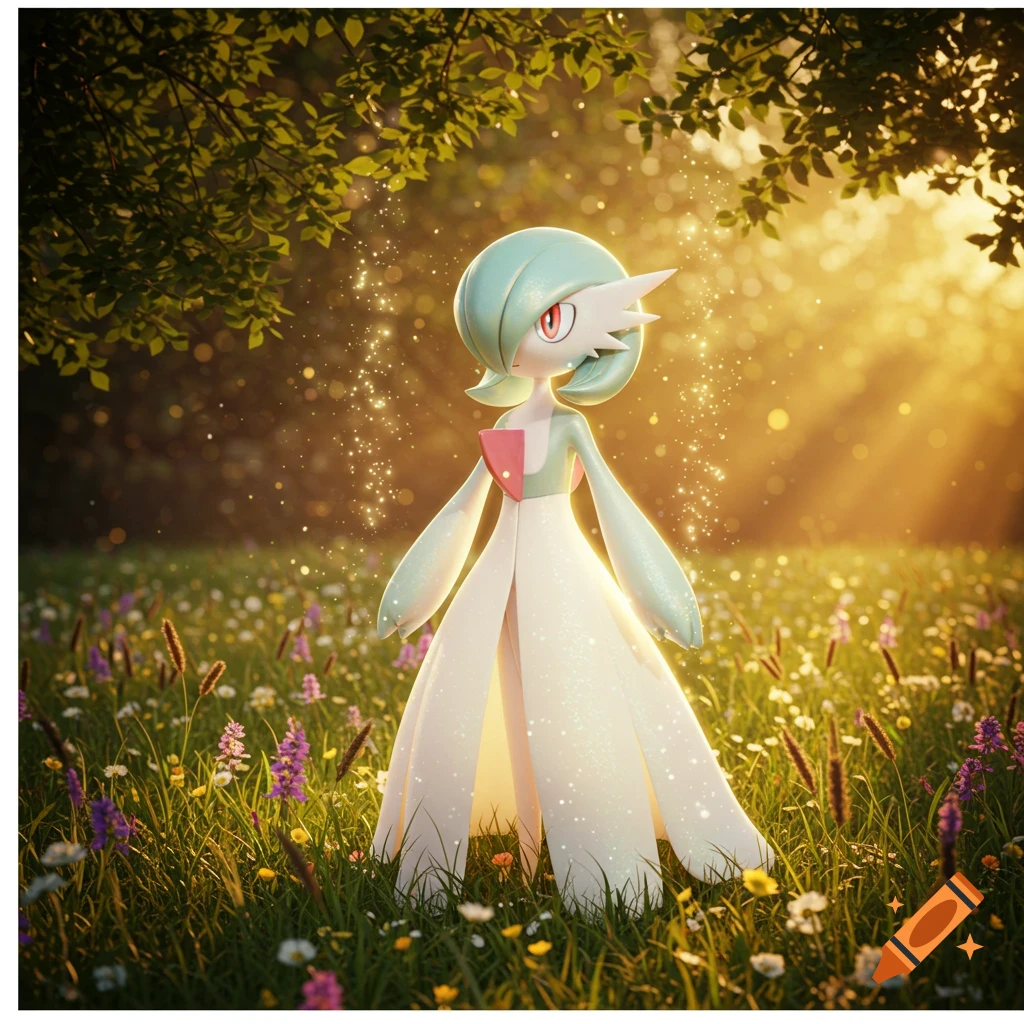 Gardevoir stands in a sunlit field amidst wildflowers, surrounded by shimmering magical particles and lush green trees.