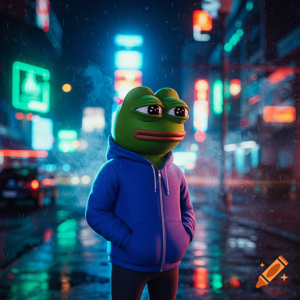 Pepe the Frog wearing a blue hoodie stands in a rainy, neon-lit city at night.