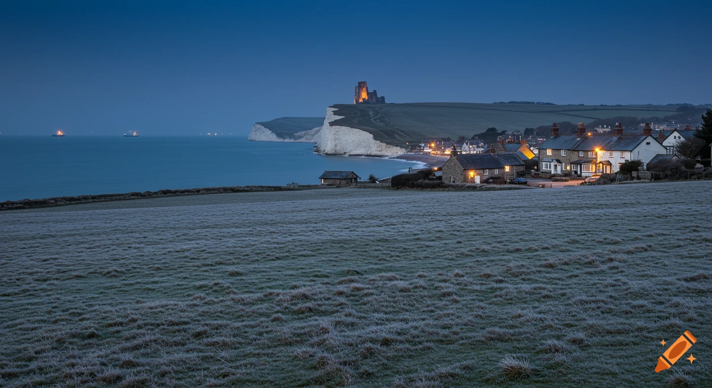 A serene, photorealistic winter dusk scene of a South English coastal village with a castle ruin on chalk cliffs, ships at sea, and frosted fields.