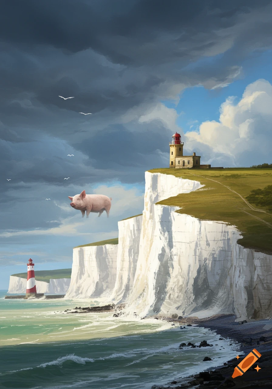 Dramatic painting of white cliffs, lighthouses, and a stormy sea, with a pink pig flying in the sky.