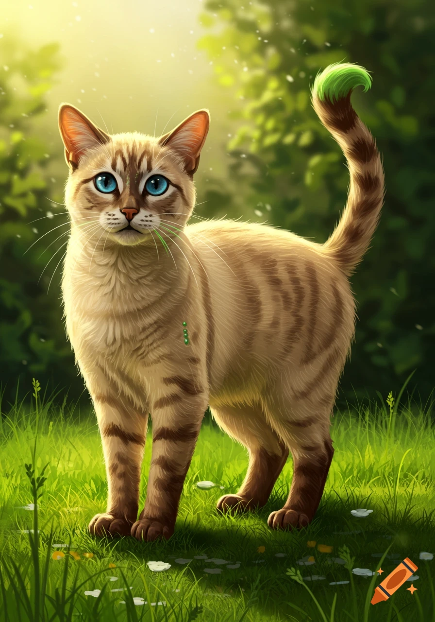 A tan cat with brown stripes and bright blue eyes stands in lush green grass. Its tail has a lime green tip, and some green dots are visible on its chest, with green whiskers.