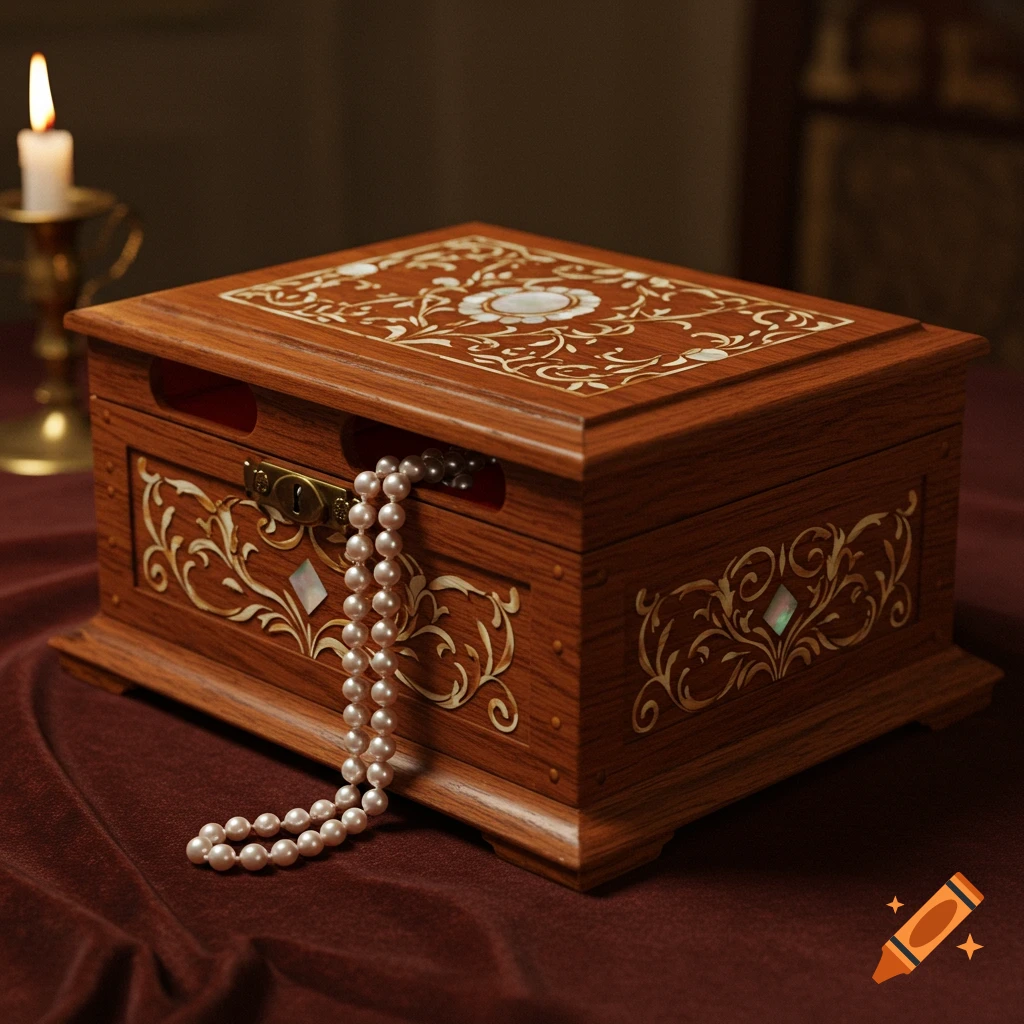 An ornate wooden jewelry box with mother-of-pearl inlay, pearls spilling out, and a lit candle in the background.