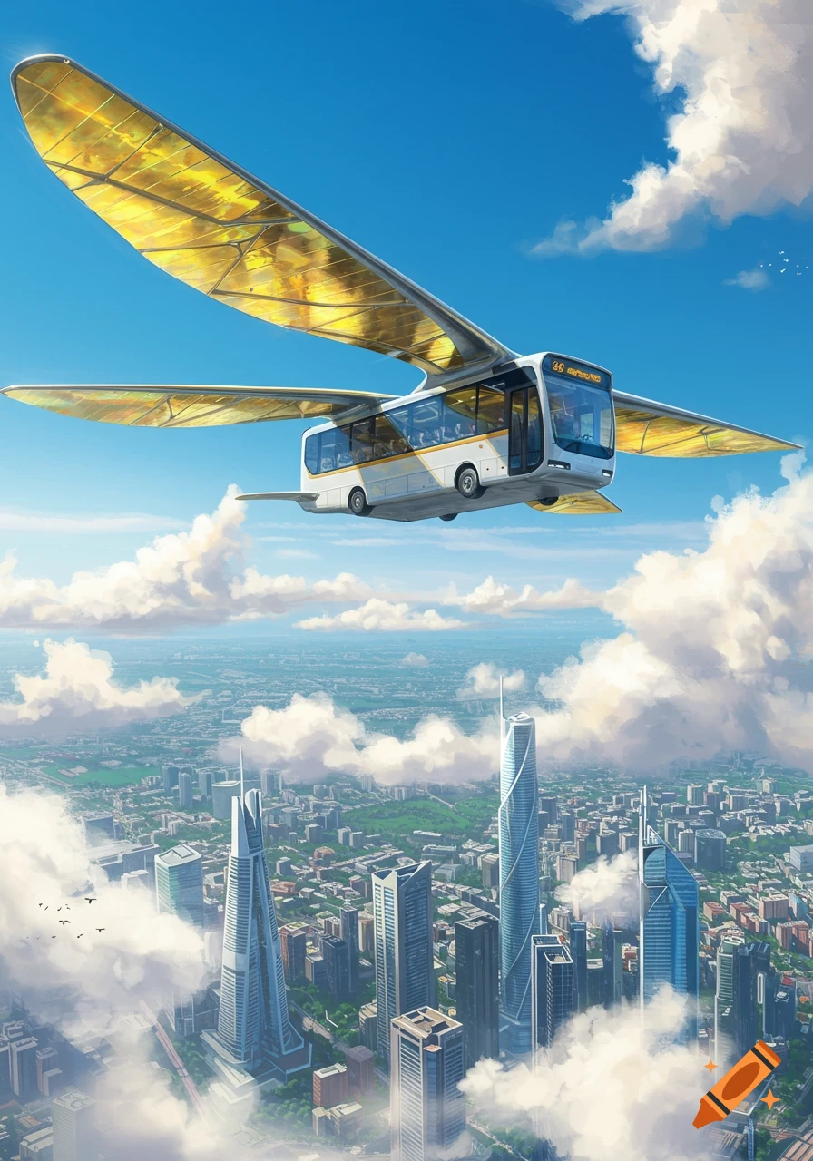 A futuristic white bus with golden solar wings flies over a modern cityscape under a clear blue sky, illustration.