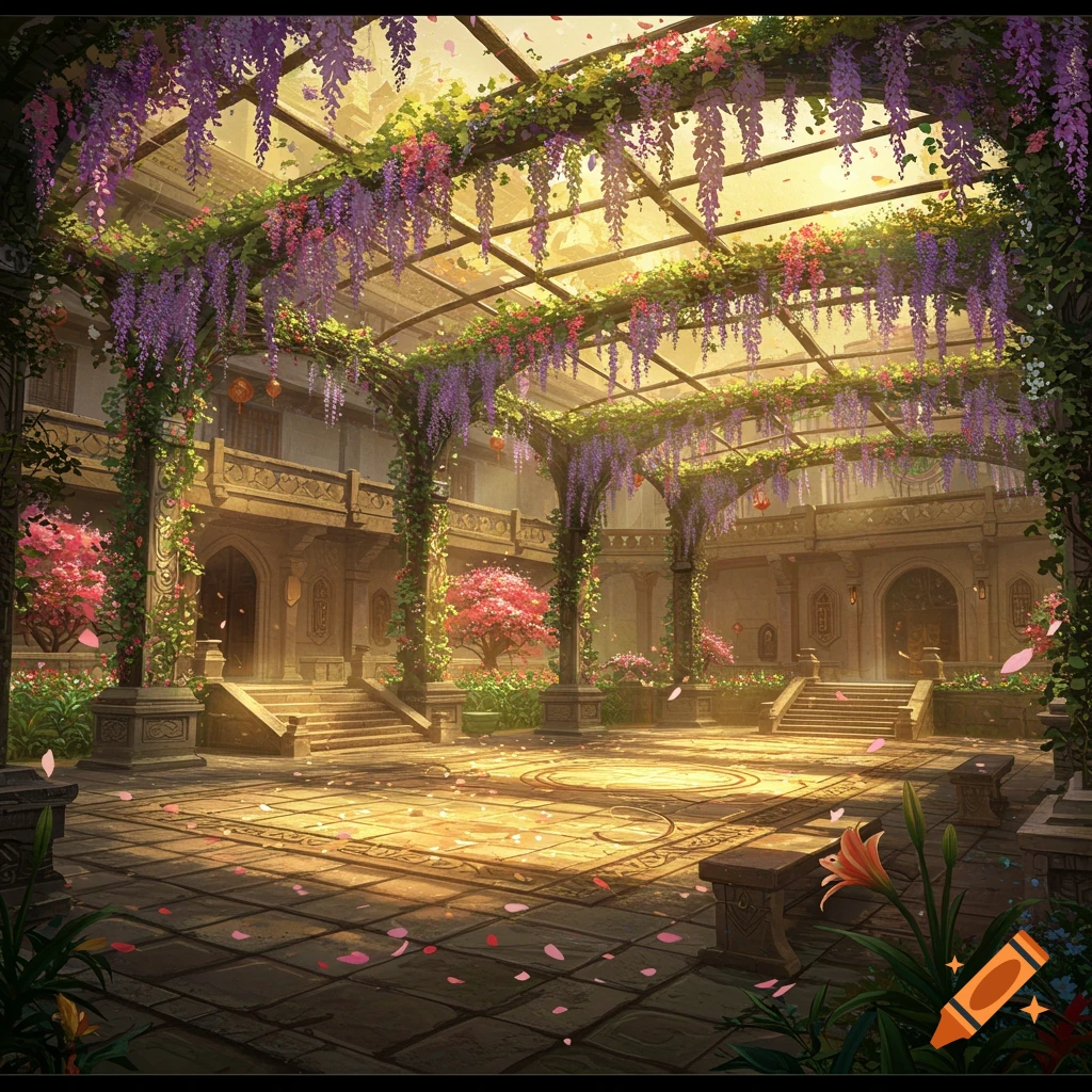 An ornate fantasy plaza with purple wisteria canopy, sunlit stone floor, and pink blooming trees, in an elegant, ancient style.
