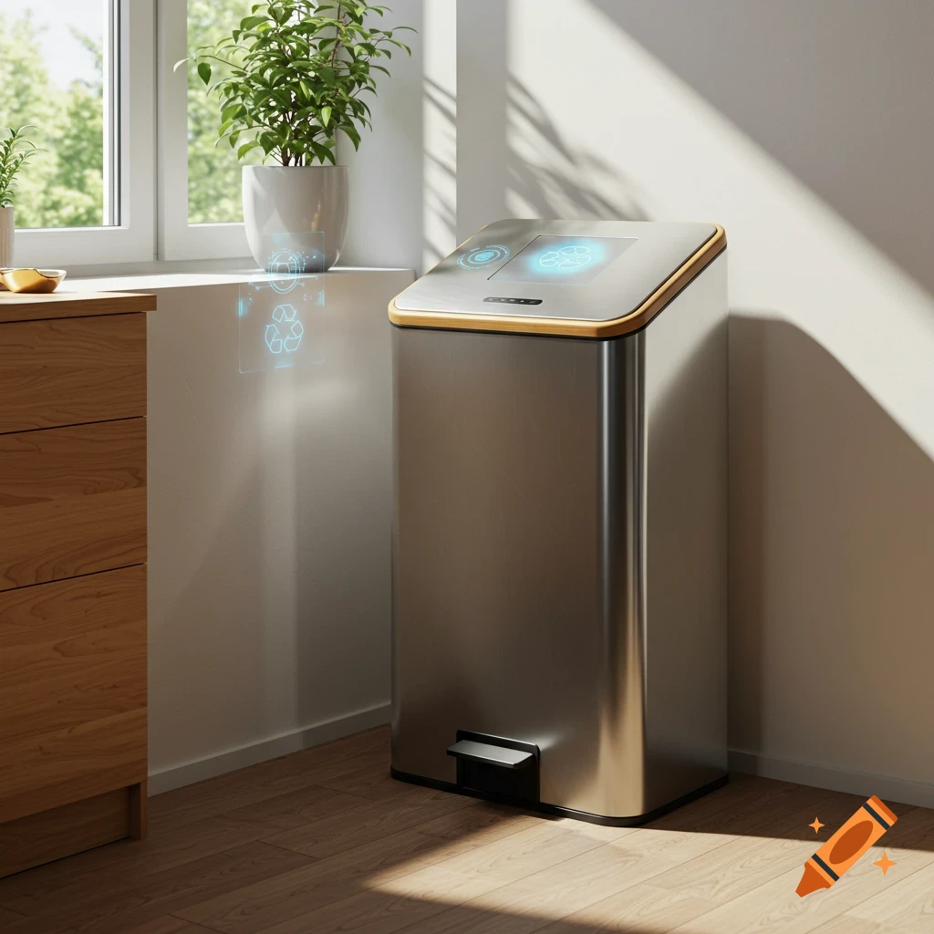 A sleek, stainless steel smart eco bin with glowing blue recycling symbols stands in a modern kitchen next to a window and wooden cabinetry. Photorealistic style.