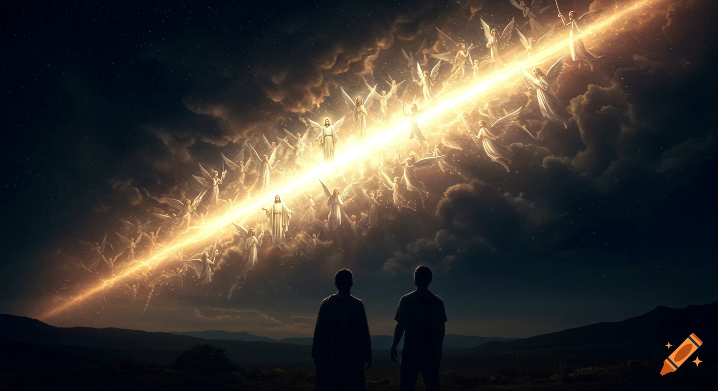 Two people gaze up at a brilliant light in the night sky filled with countless faintly visible angels and shining figures, over dark hills. Photorealistic, cinematic.