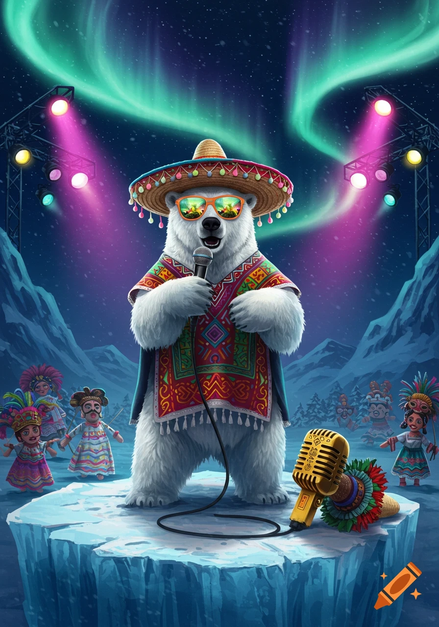 A polar bear in a sombrero and poncho sings into a microphone on an icy stage, illuminated by aurora borealis, with small figures dancing nearby.