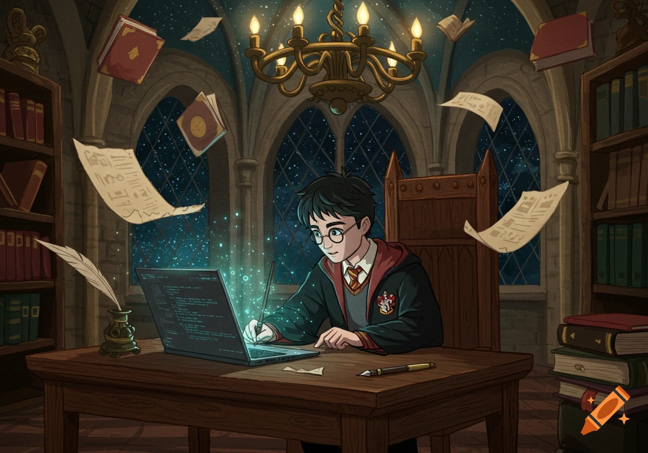 Cartoon Harry Potter coding on a glowing laptop in a magical, candle-lit library with floating books and papers at night.