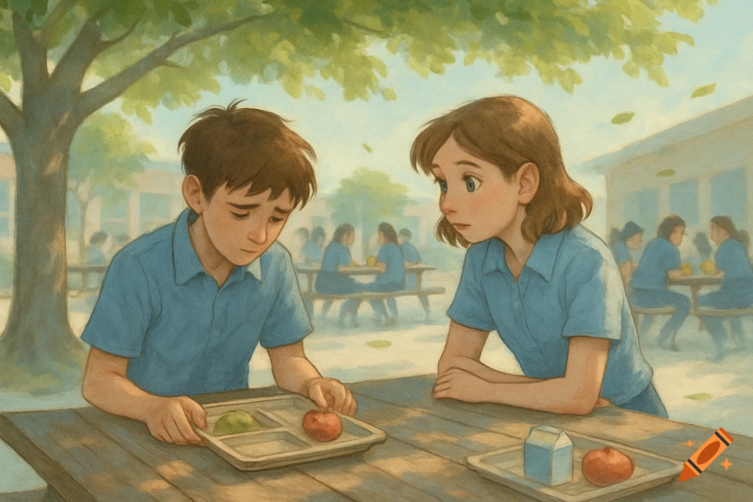 Two sad children at a school lunch table, one looking down at their food tray, the other looking concerned. Illustration style.