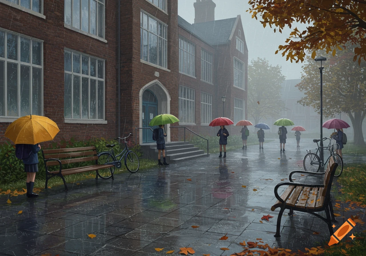 Students with colorful umbrellas walk on a wet path outside a brick school building on a rainy autumn day.