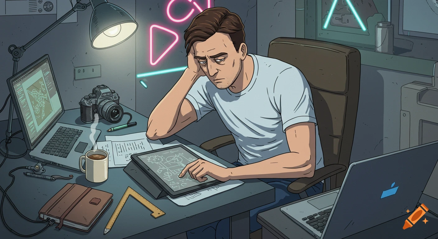 Tired man with brown hair in a white t-shirt sits at a desk, drawing on a tablet and using a laptop, in a comic panel style with neon lights.