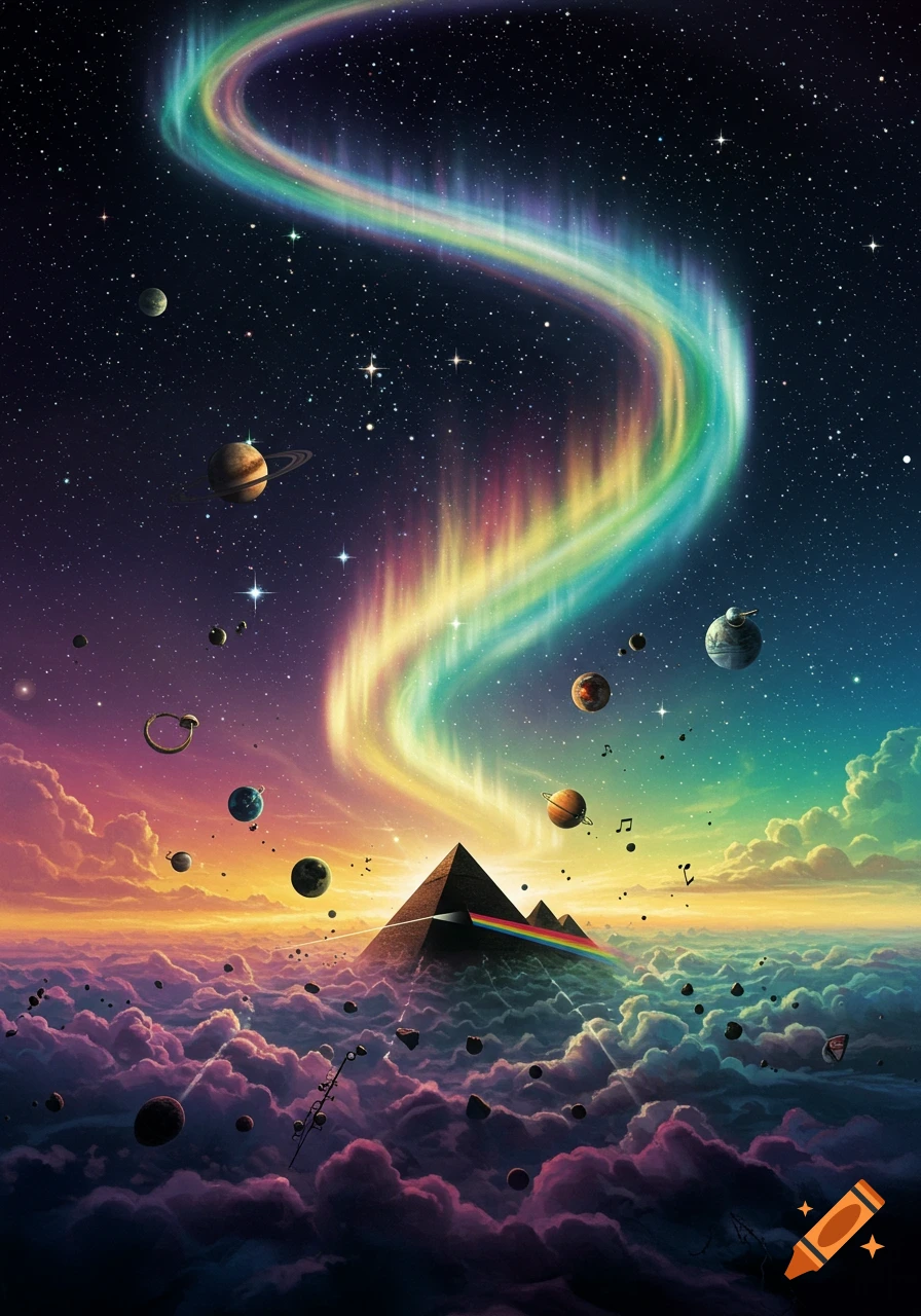 A vibrant, fantastical space scene with a rainbow aurora, planets, and a pyramid with a rainbow prism above colorful clouds.