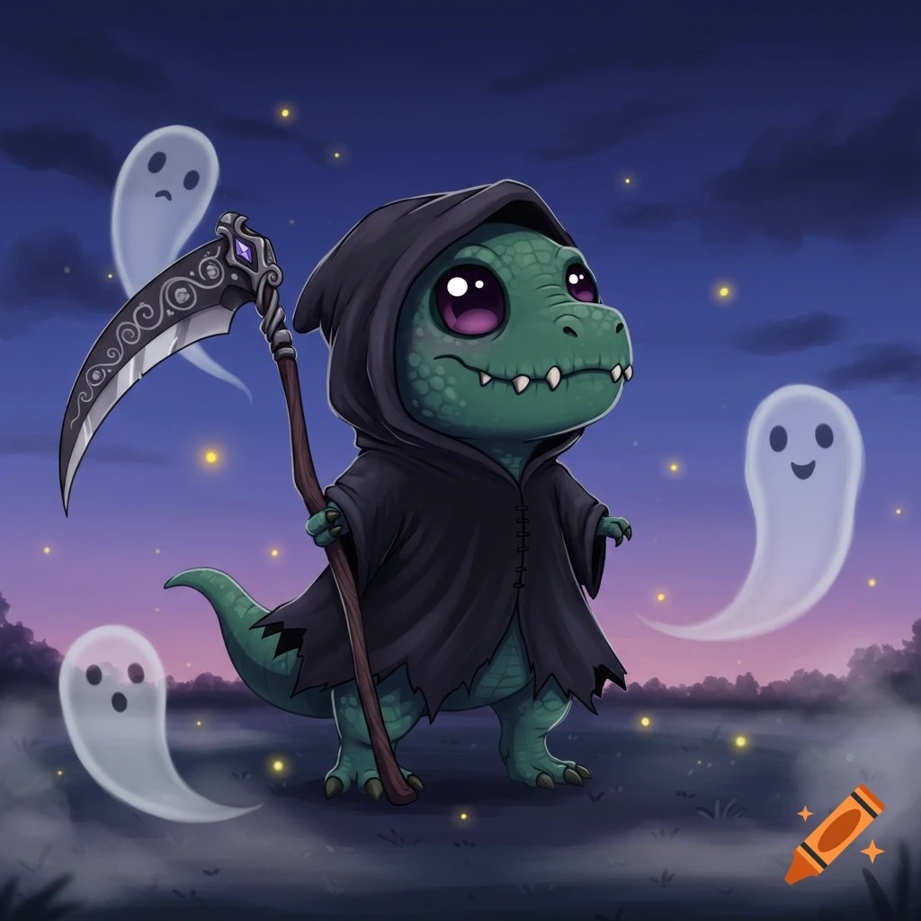 A cute, green, cartoon T-Rex wearing a black grim reaper robe and holding a scythe stands in a field with friendly ghosts under a starry night sky.