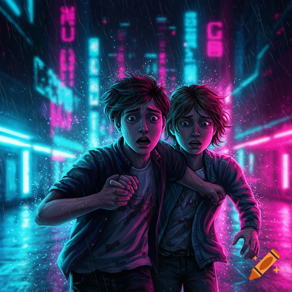 Two horrified boys run through a rainy, neon-lit cyberpunk city street, illuminated by vibrant pink and blue lights.