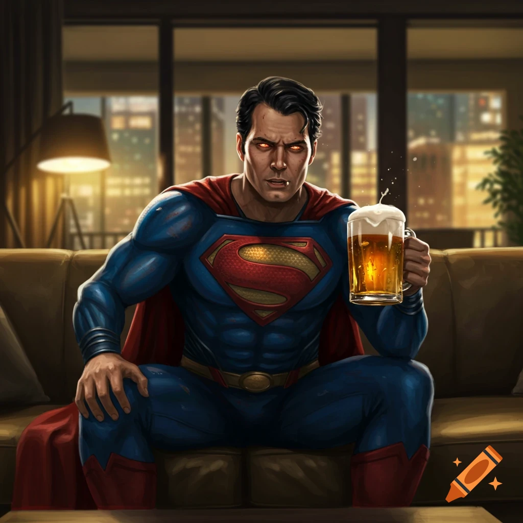 Angry Superman with glowing eyes sits on a couch, holding a frothy beer, in a comic book art style.