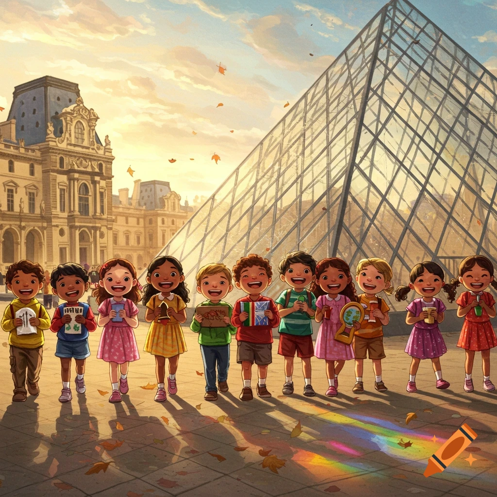 An illustration of a diverse group of smiling children standing in front of the Louvre Pyramid at sunset, with autumn leaves on the ground.
