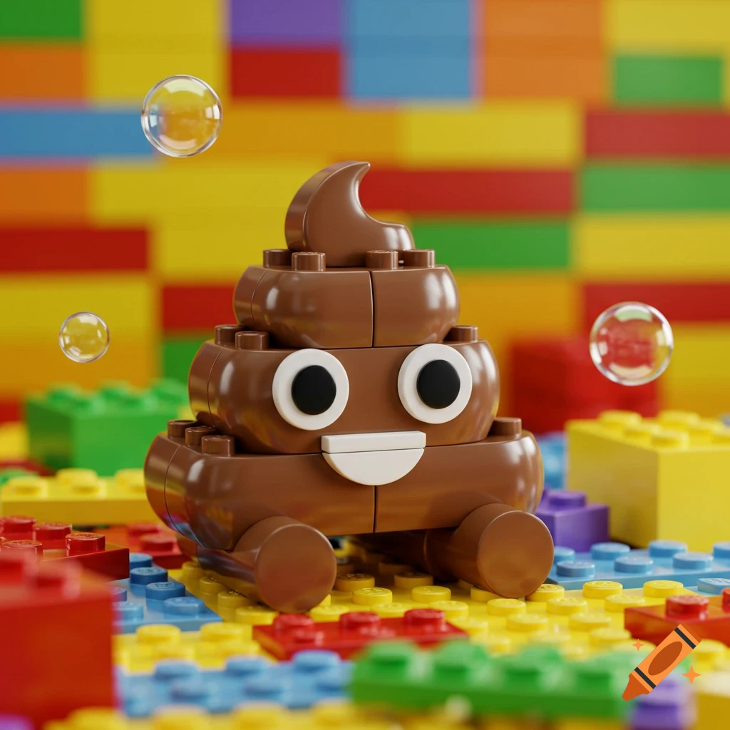 A smiling Lego poop emoji sits among colorful Lego bricks with floating bubbles in a realistic 3D render.