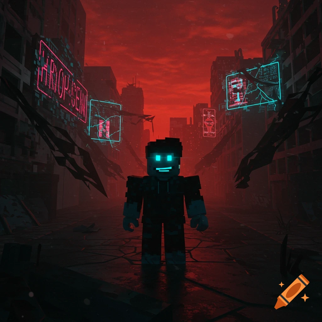 A blocky character with glowing blue eyes stands in a dark, red-skied dystopian city with ruined buildings and neon signs.