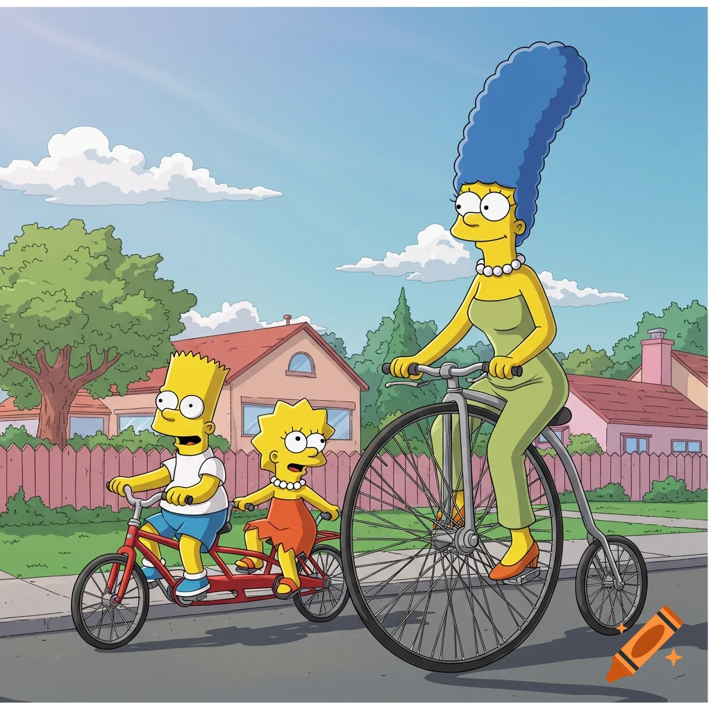 Marge Simpson on a Penny-farthing and Bart and Lisa on a tandem bicycle ride on a suburban street in cartoon style.
