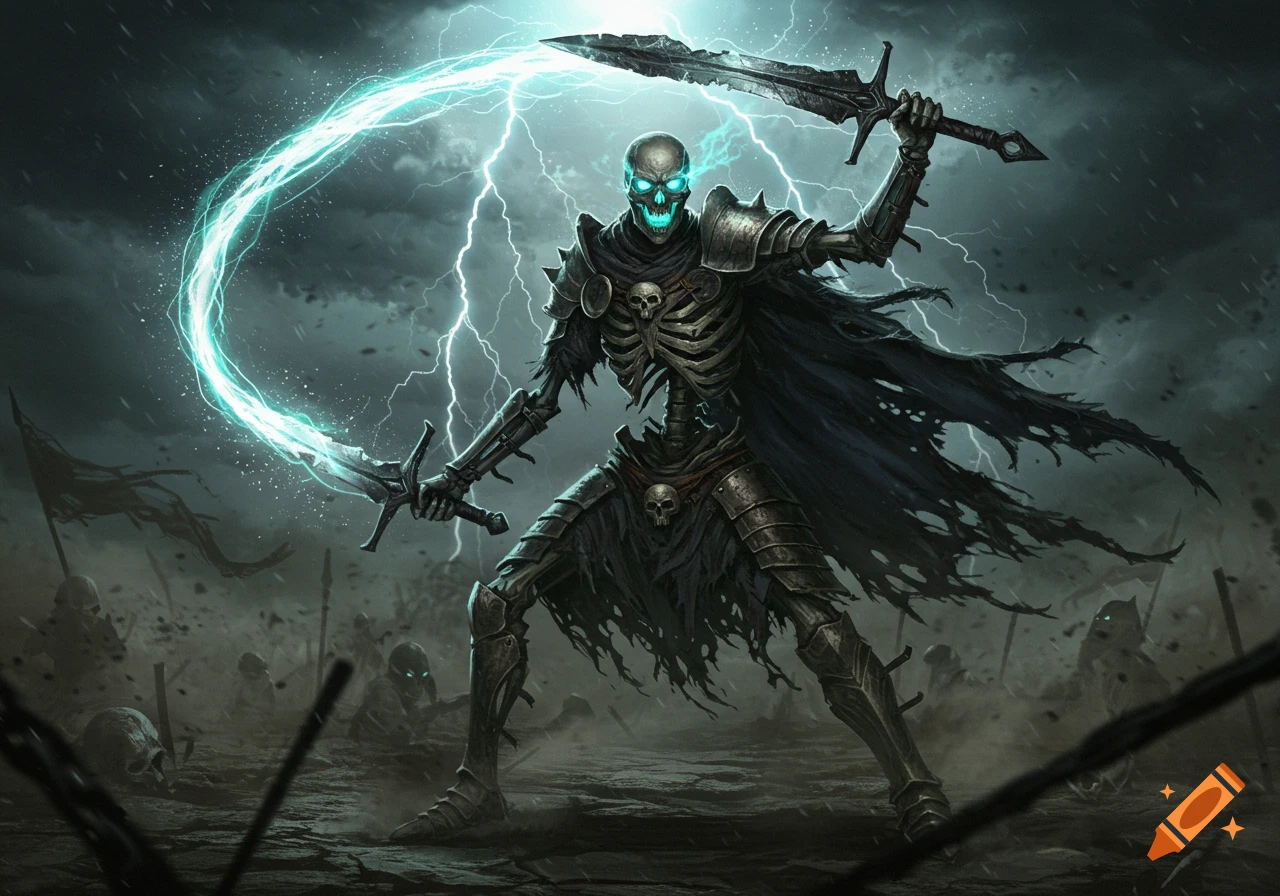 A dark fantasy illustration of a skeleton warrior with glowing eyes, wielding two swords, one sparking with lightning, on a stormy battlefield.