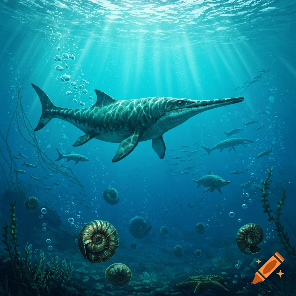 An ichthyosaur swims in a clear blue ocean with sunlight rays, surrounded by smaller fish, ammonite fossils, and underwater plants.