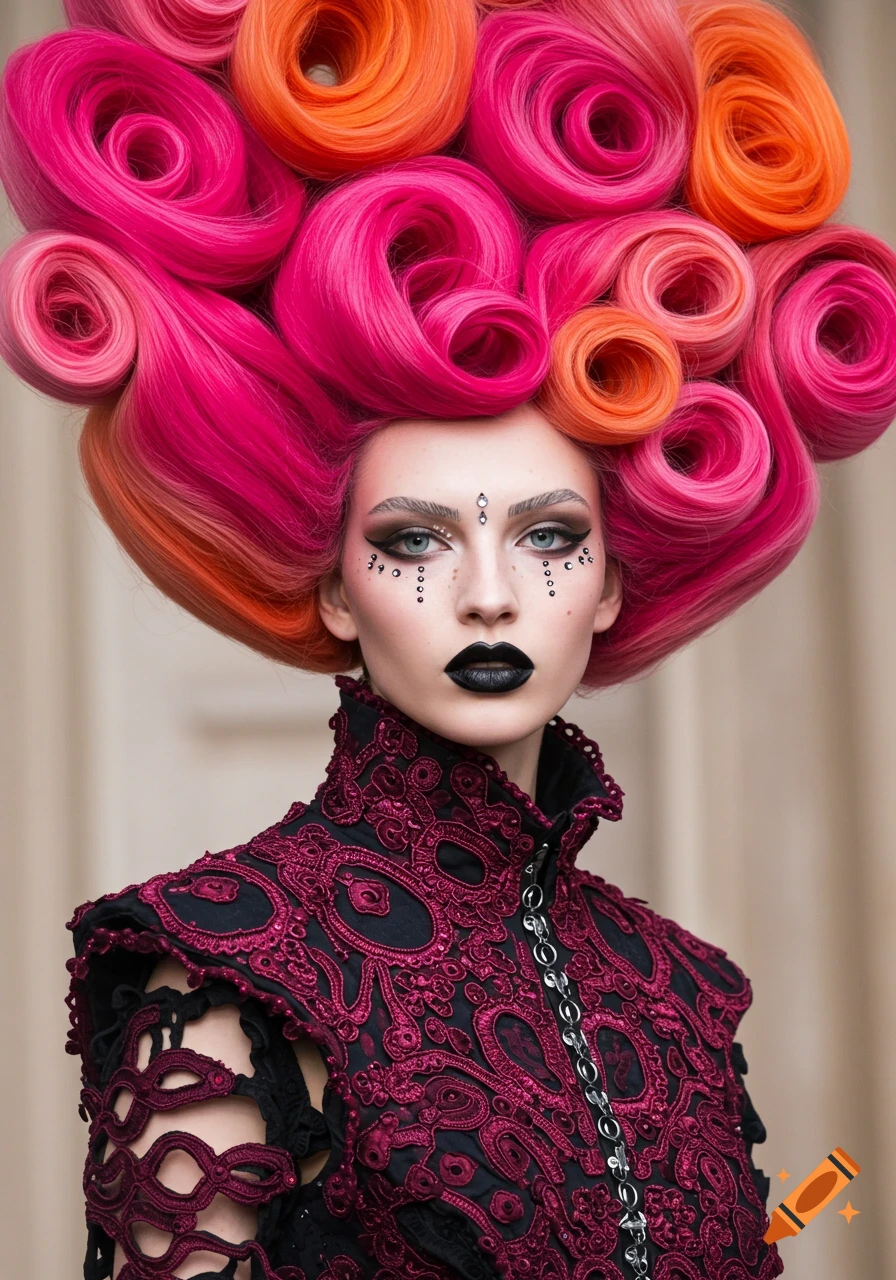 A high-fashion portrait of a woman with large, pink and orange elaborate hair, bold makeup, and an ornate dark red and black outfit.