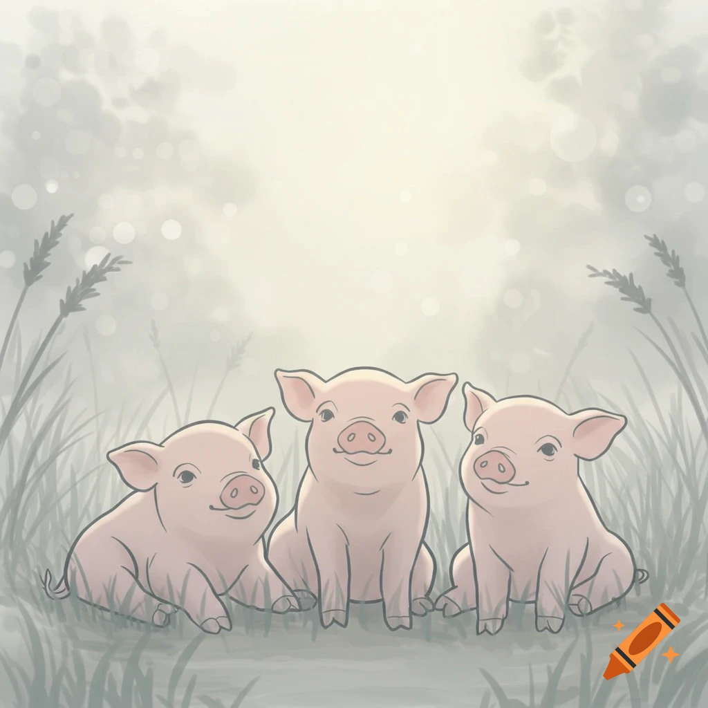 Three adorable cartoon piglets sit in a grassy field with a bright, hazy background.