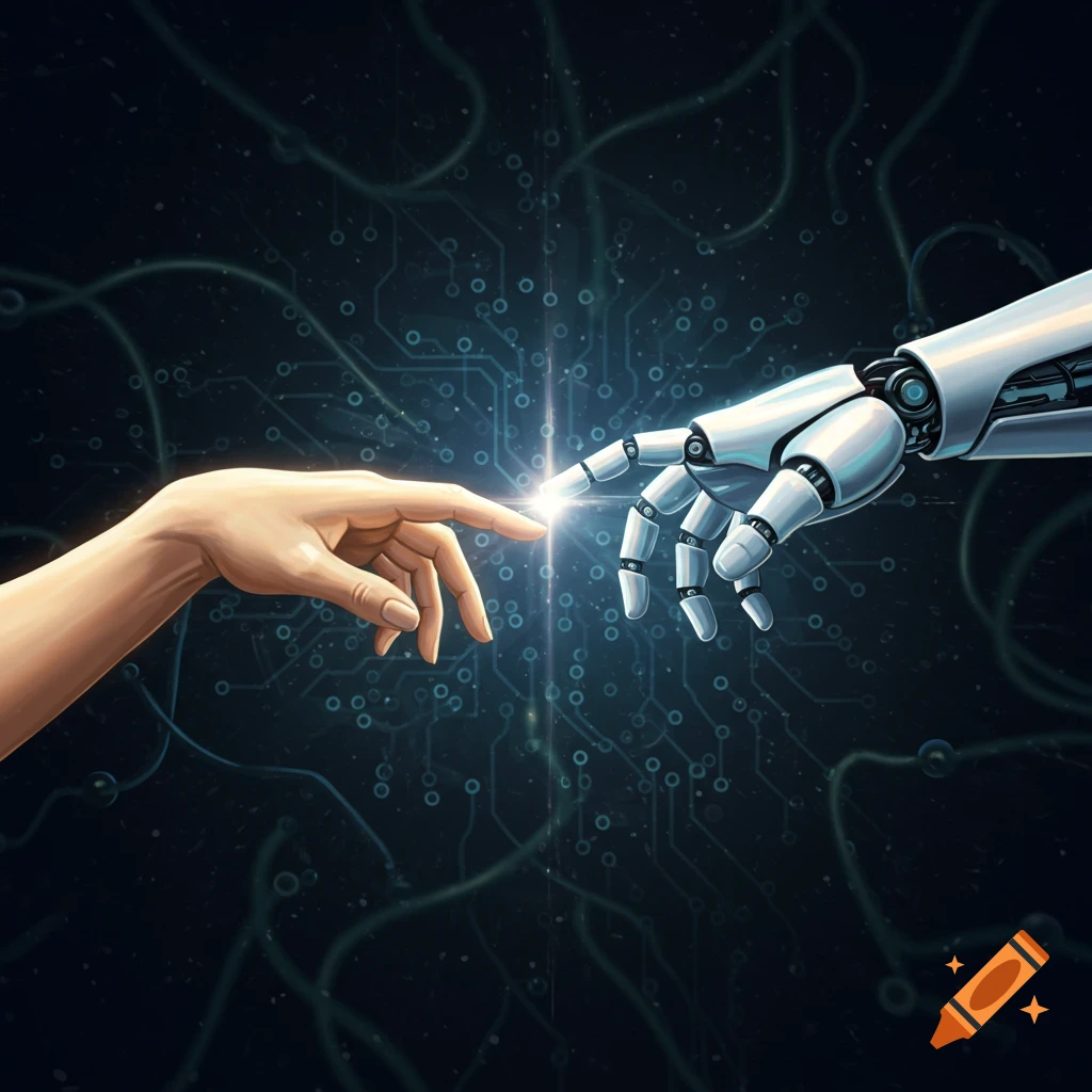 A human hand and a robotic hand touch fingertips against a glowing circuit board background, symbolizing human-AI collaboration.