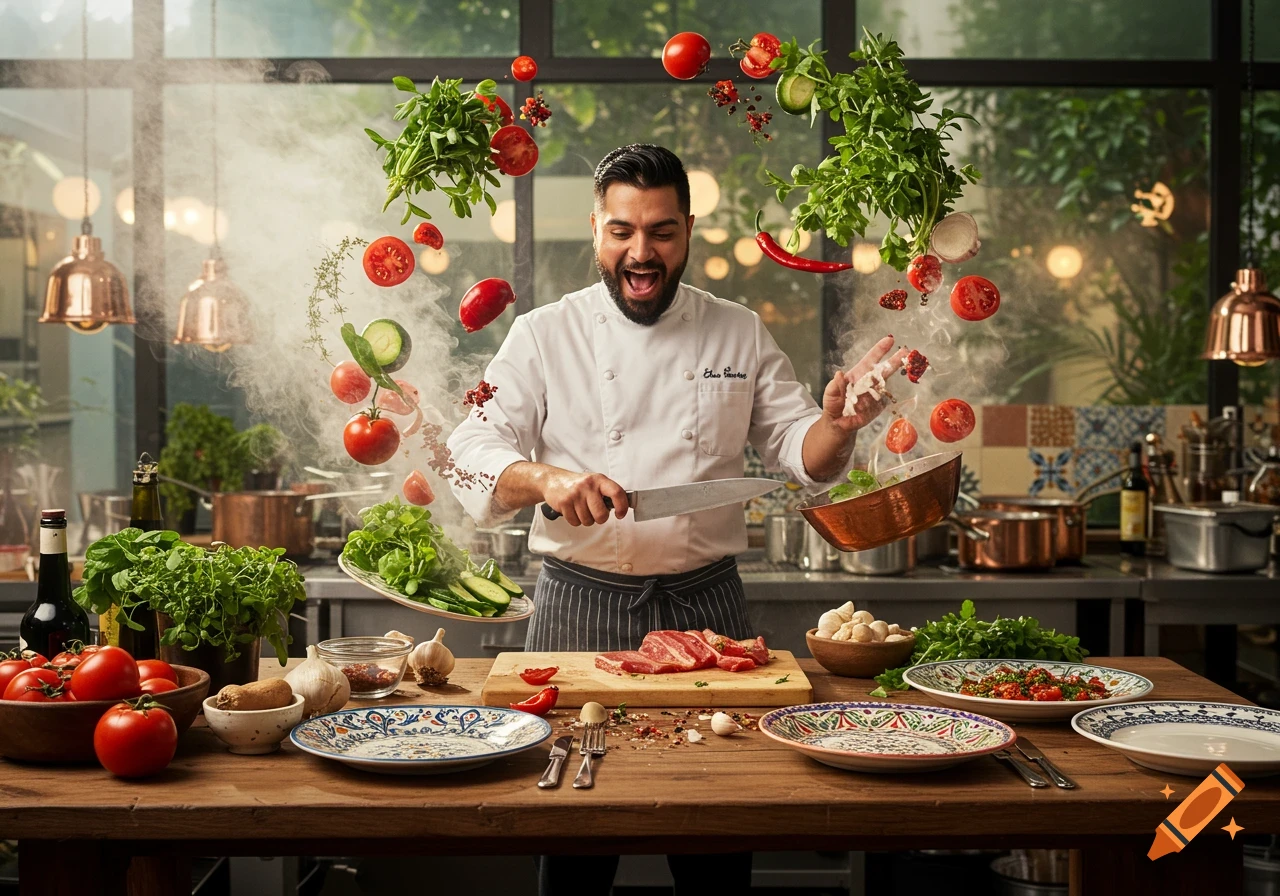 Photorealistic image of a joyful chef in a professional kitchen, tossing ingredients like tomatoes and herbs in the air.
