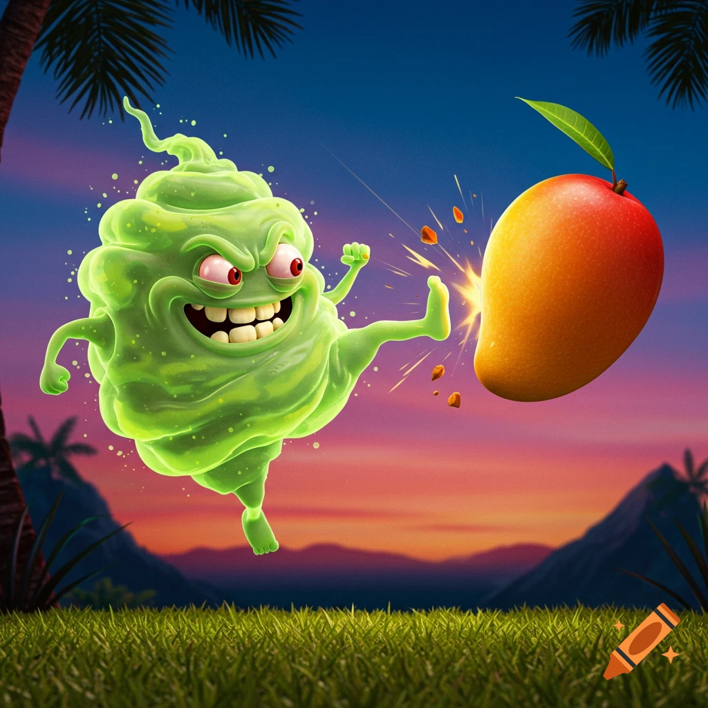A cartoon green monster with an evil face kicks a mango, splashing fruit particles, against a vibrant sunset sky in a jungle.