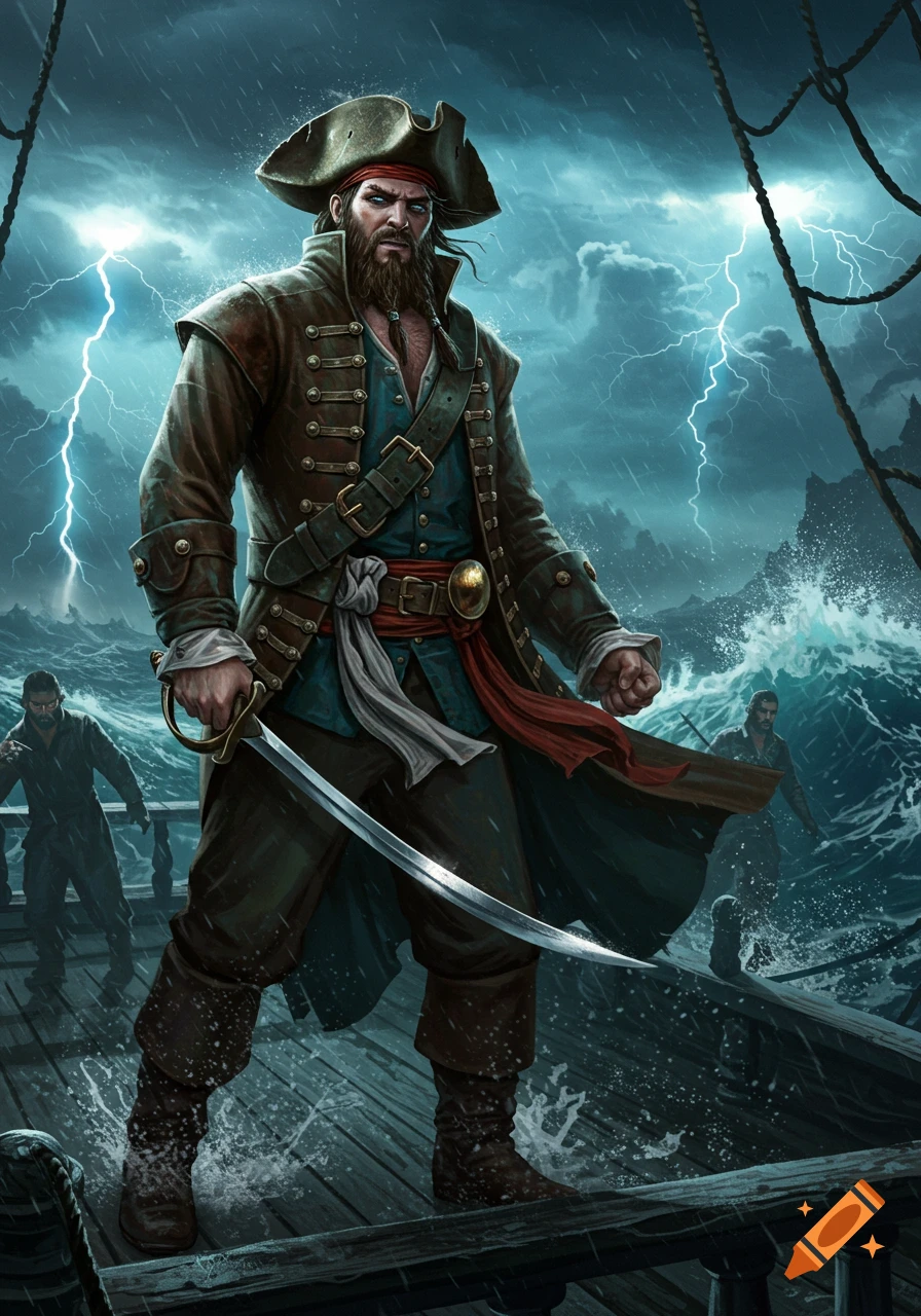 A fierce pirate captain stands on a stormy ship's deck, sword in hand, as lightning strikes.