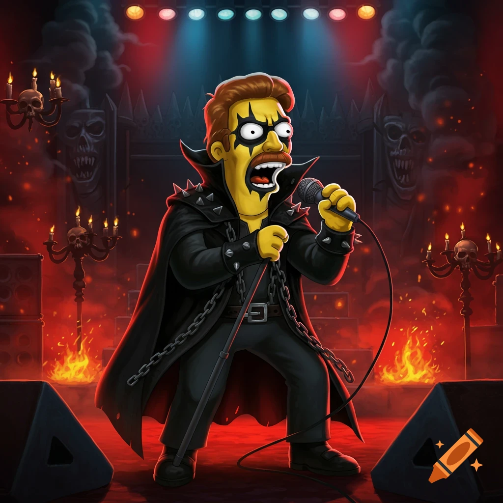 Ned Flanders from The Simpsons, as a black metal vocalist with face paint, spiked cape, and chains, singing on a fiery stage.