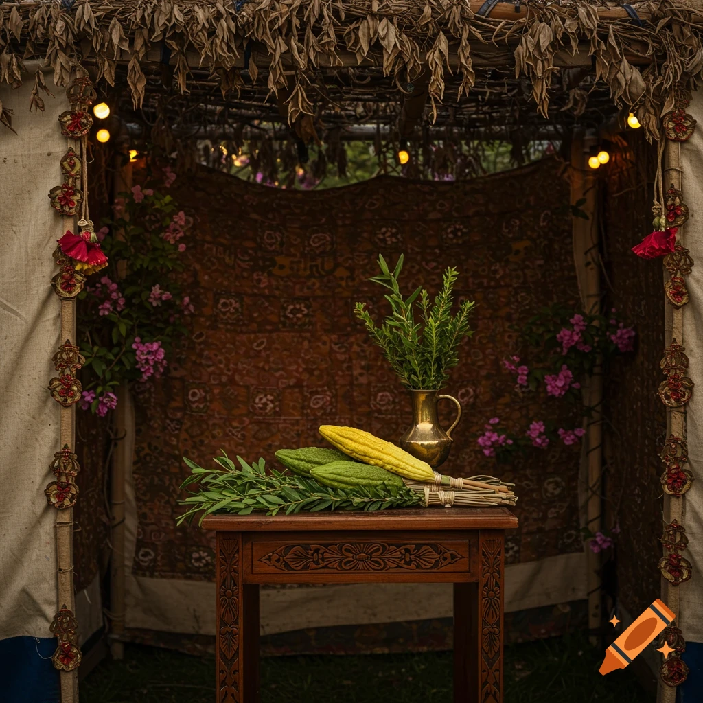 A decorated Sukka featuring a wooden table with a lulav, etrog, and other ritual items. String lights illuminate the hut.