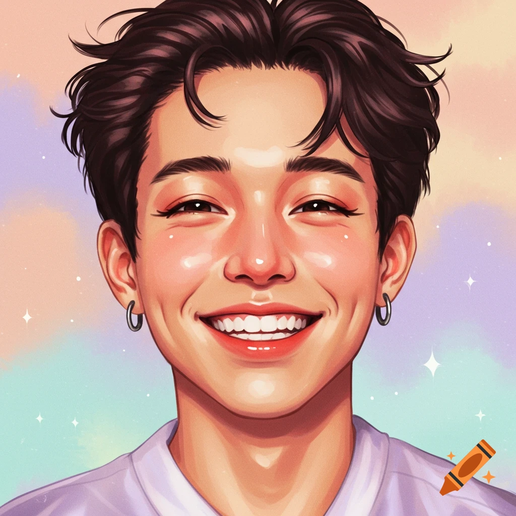 Digital illustration of a smiling young man with dark, messy hair and dimples, against a pastel background with sparkles.