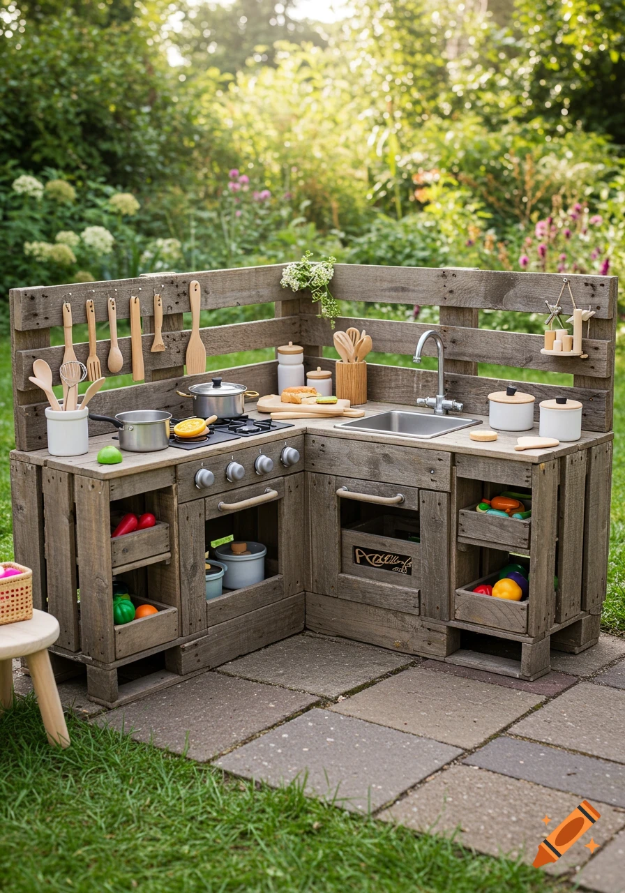 L-shaped outdoor play kitchen made of wooden pallets, with toy utensils, pots, and play food.