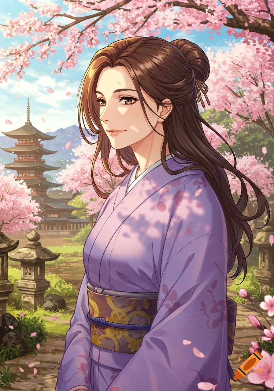 Anime style portrait of a woman in a purple kimono, smiling softly in a Japanese garden with cherry blossoms and a pagoda.