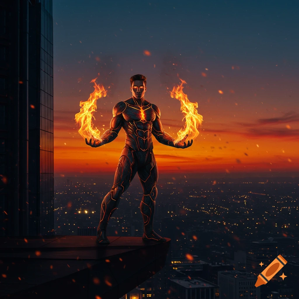 Photorealistic male superhero with fire in his hands stands on a skyscraper overlooking a city at sunset.