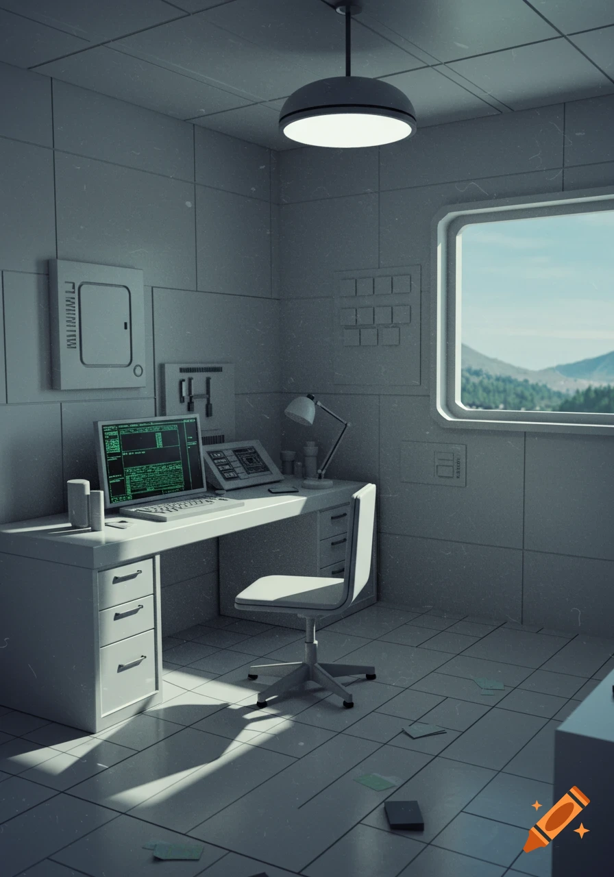 An empty, sterile, tiled room with a desk, computer with green text, and a window viewing a mountain landscape, in the style of early AI graphics.