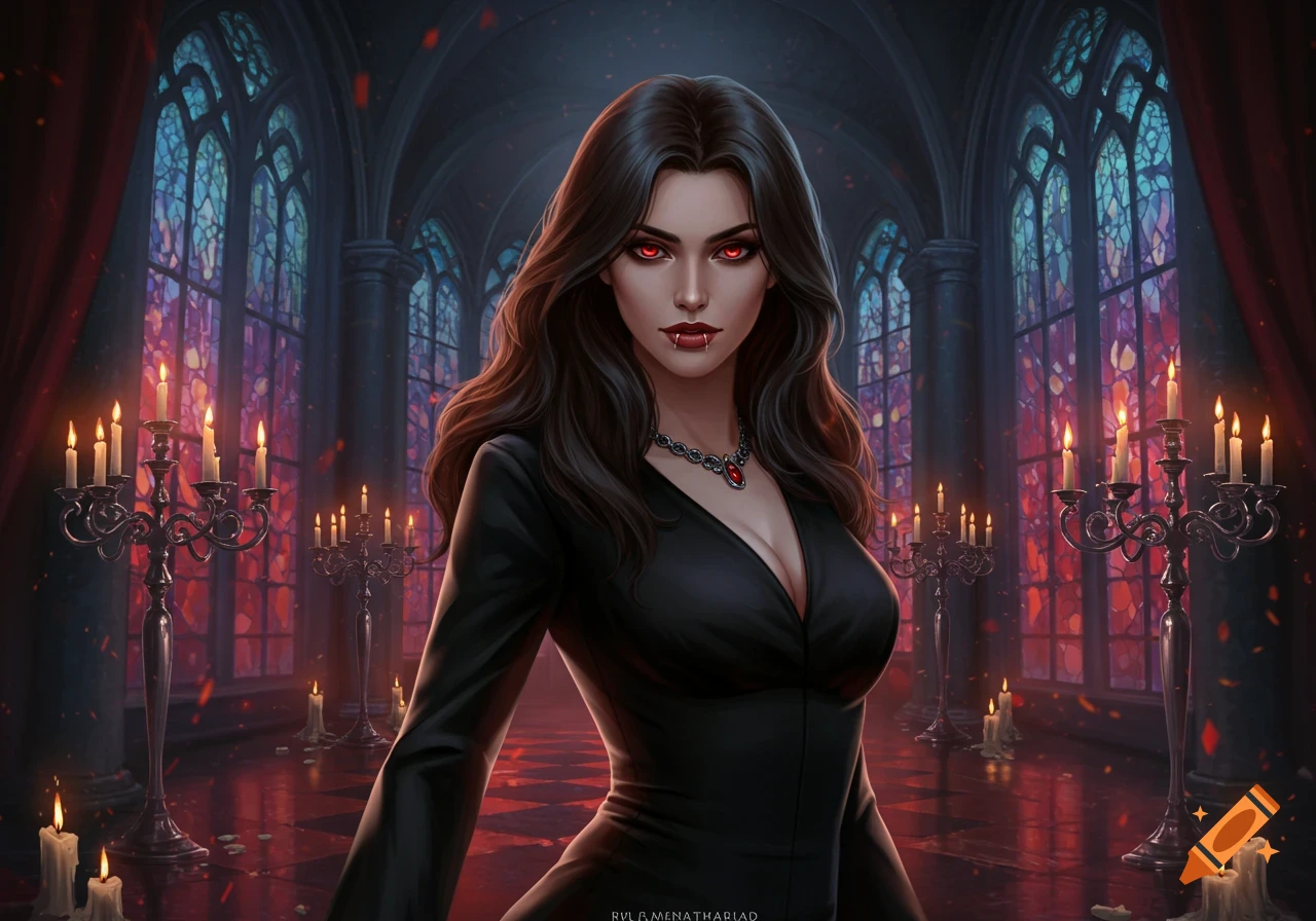 A female vampire with dark hair, glowing red eyes, and fangs in a black dress stands in a gothic hall with stained glass windows and lit candelabras.