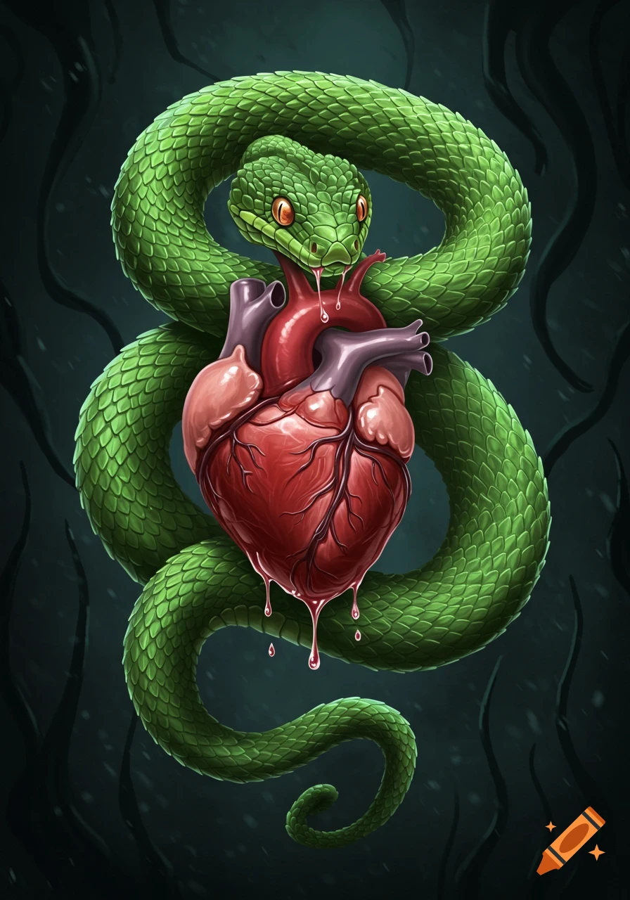 Stylized illustration of a vibrant green snake coiled around a dripping red anatomical heart against a dark background.