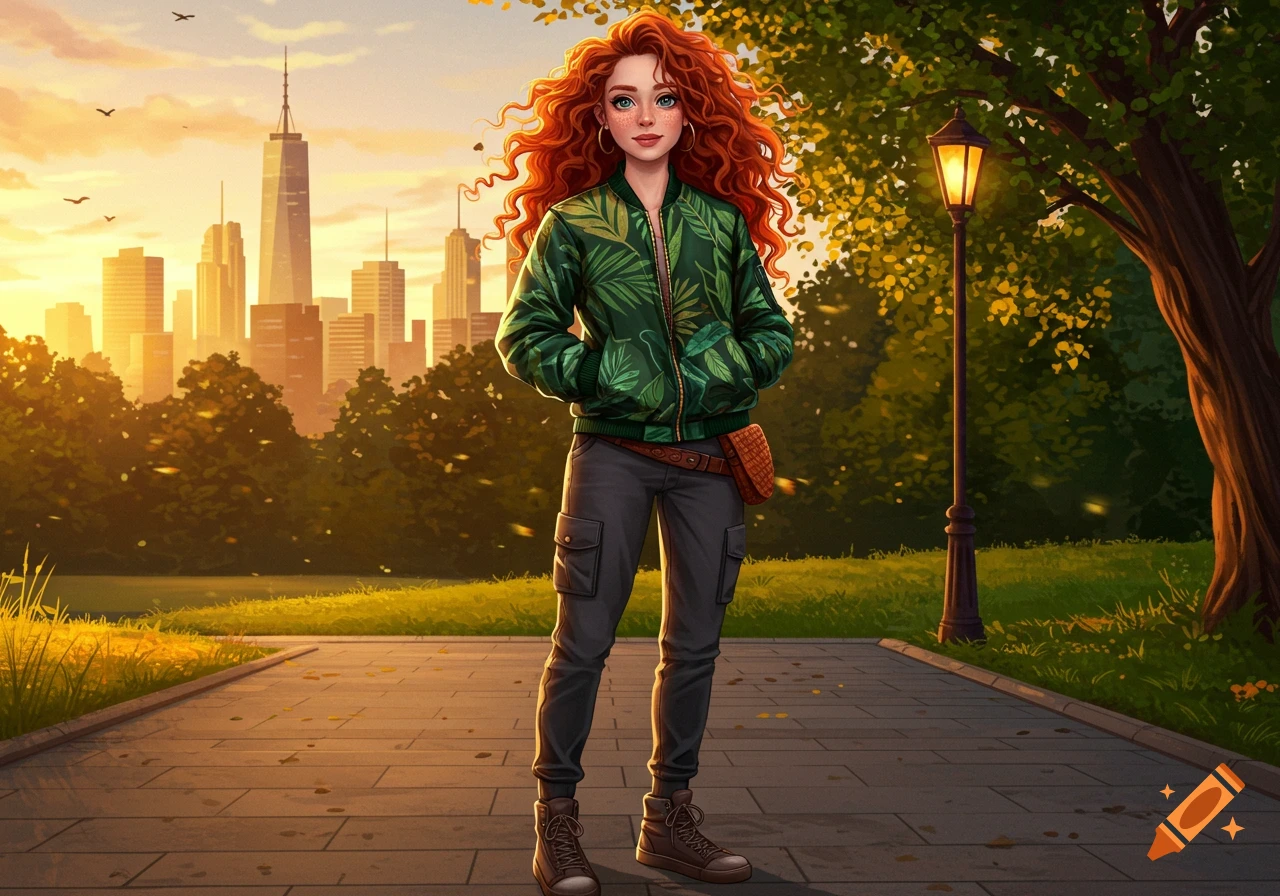 A cartoon redheaded girl in a green leaf-patterned jacket and cargo pants stands on a park path at sunset, with a city skyline behind her.