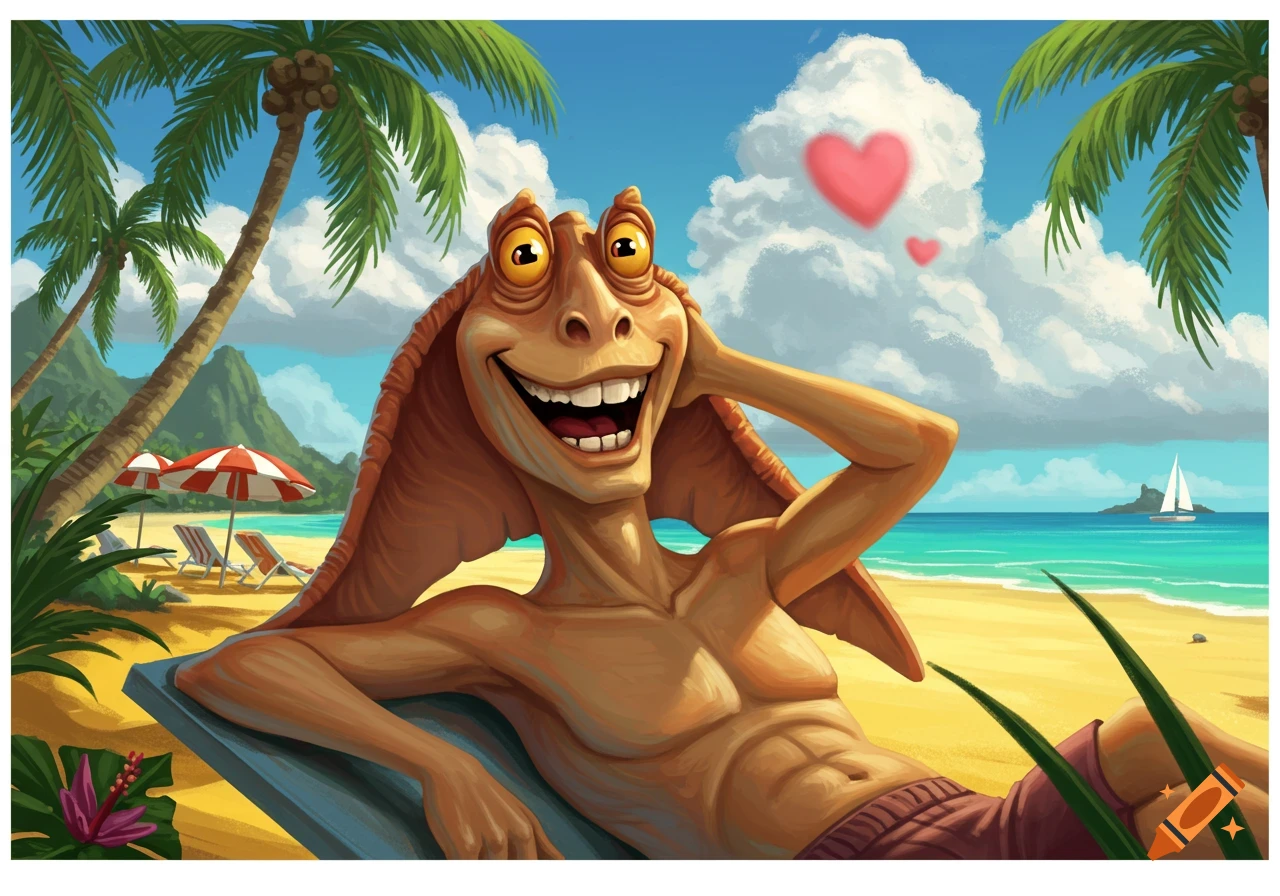 Jar Jar Binks reclines on a tropical beach, smiling happily with hearts floating above his head, in a colorful cartoon style.
