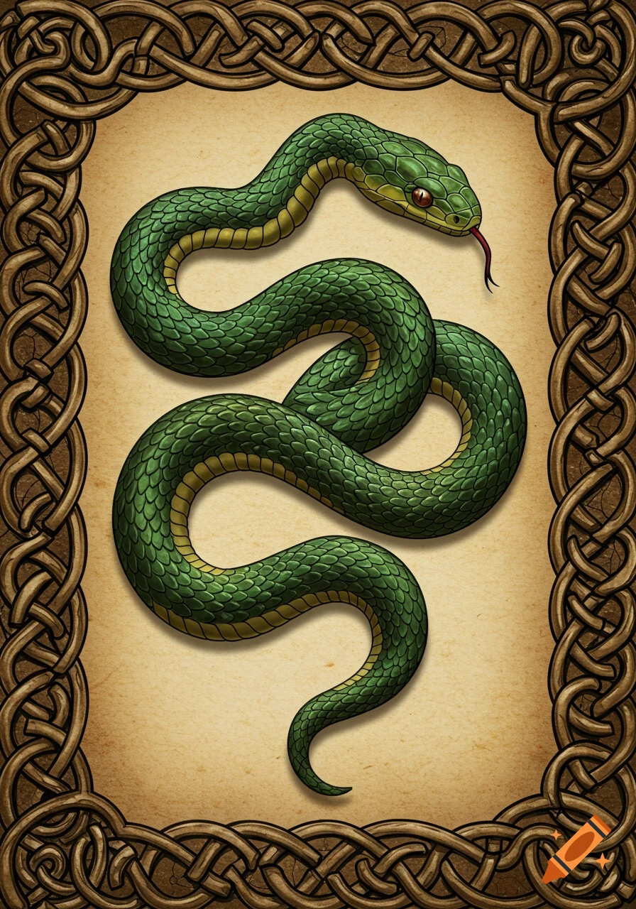 A vibrant green snake with a red forked tongue is coiled within a brown ornate Celtic knot border on a parchment background.