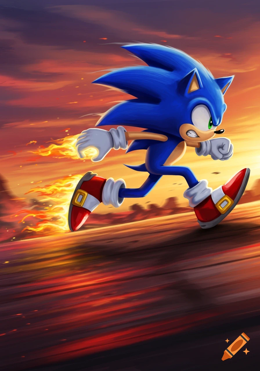 Sonic the Hedgehog runs intensely fast with fiery trails from his feet, set against a vibrant orange and red sunset background.