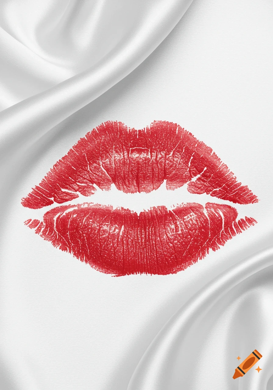 A vibrant red lipstick kiss mark pressed onto a white satin fabric.