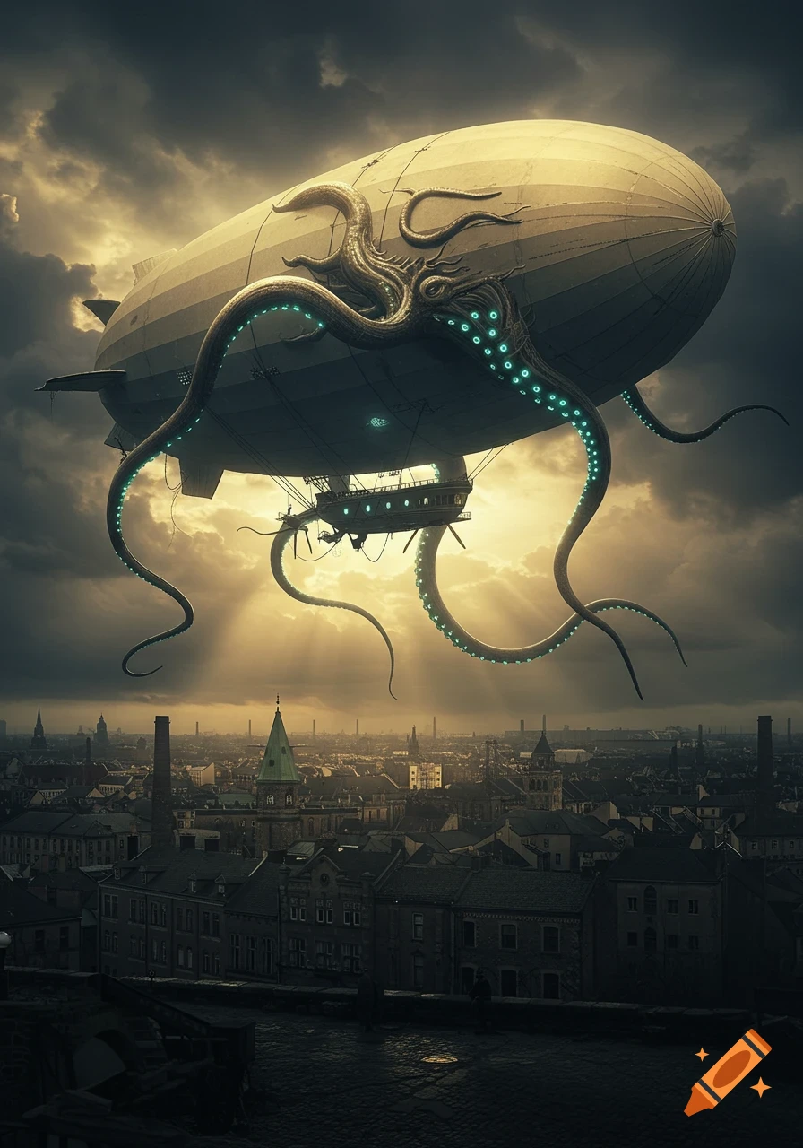 Giant zeppelin with glowing octopus tentacles hovers over a dark steampunk city under a dramatic, cloudy sky.