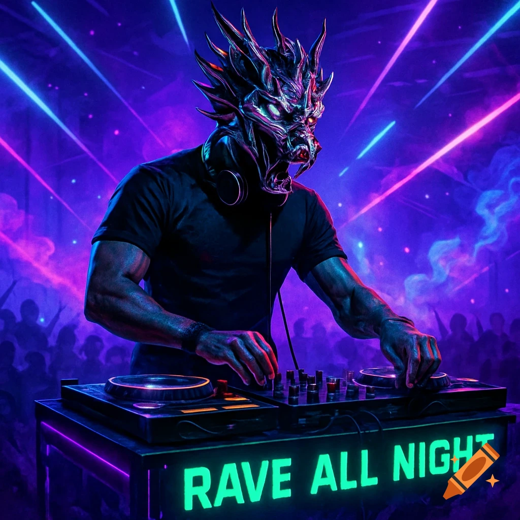 A DJ in a detailed dragon mask and headphones plays music at a neon-lit nightclub, with 'Rave All Night' on the DJ booth.