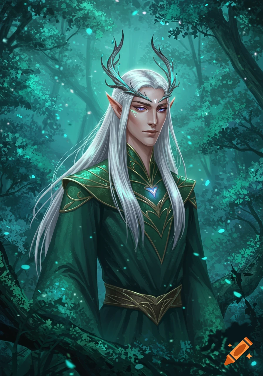 A mystical male elf with white hair, antlers, and glowing purple eyes, wearing green robes, stands in an enchanted forest.