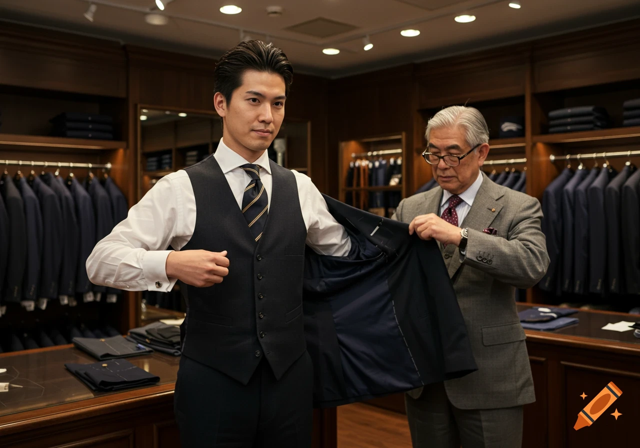 Young man in waistcoat tries on a suit jacket with an older tailor's assistance in a sophisticated suit shop.