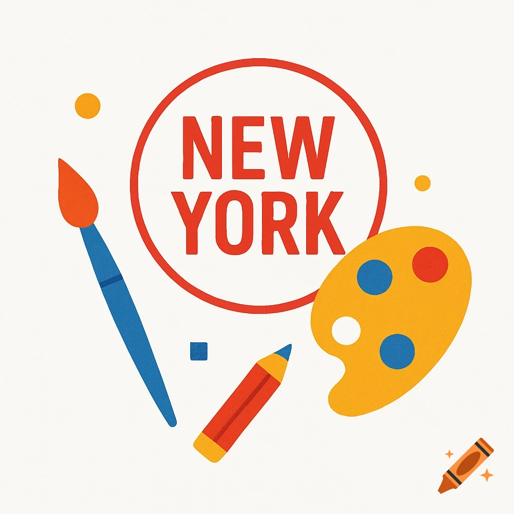 Simple graphic illustration of a 'NEW YORK' stamp, a blue paintbrush, a red pencil, and an artist's palette on white.